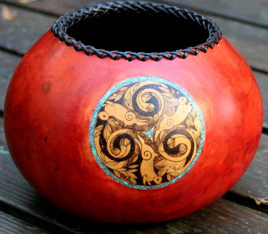 Twirling Rabbits Celtic Spiral Inlaid Gourd Bowl - JRAGourdArt