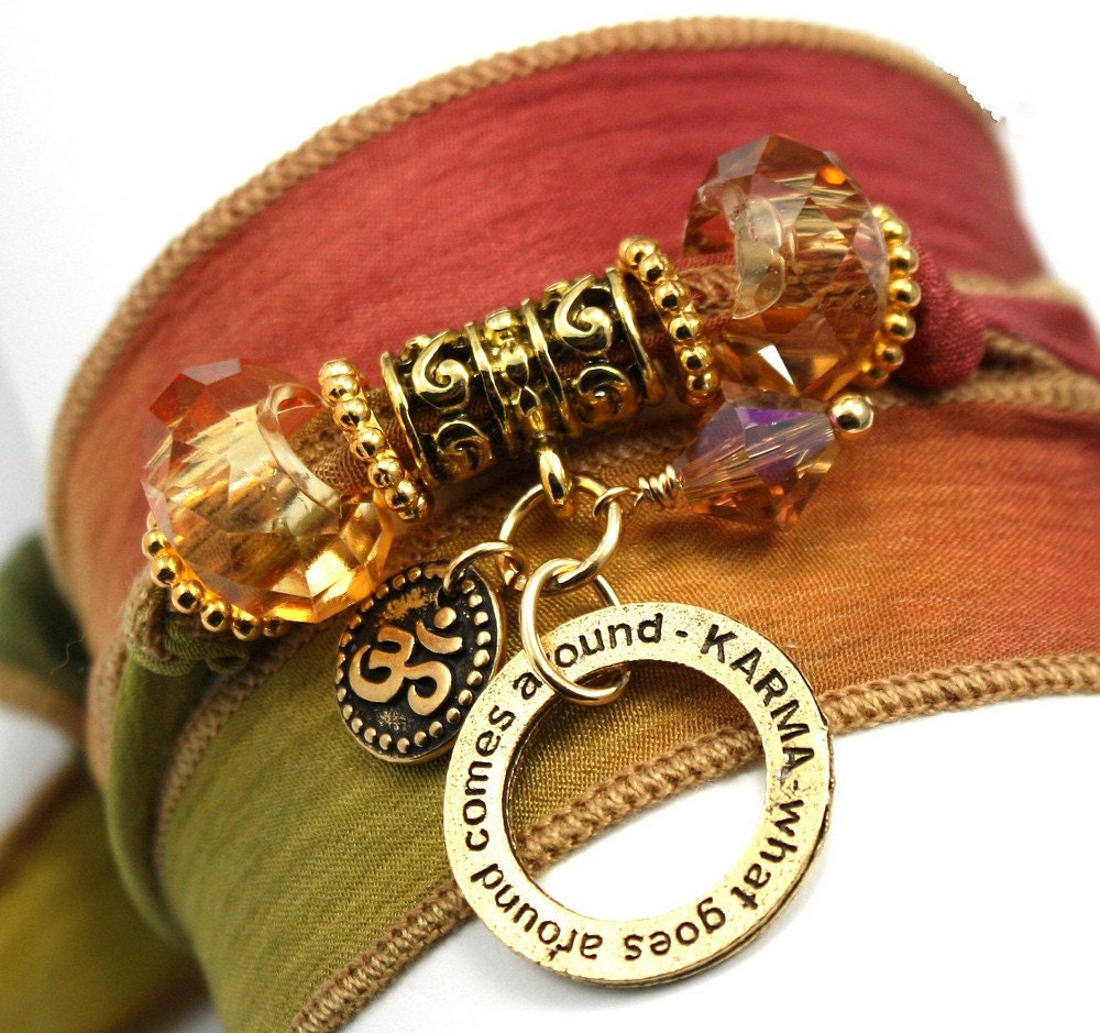 Autumn Leaves Silk Wrap Yoga Bracelet with Karma Ring and Mini Om Disc - anjalicreations