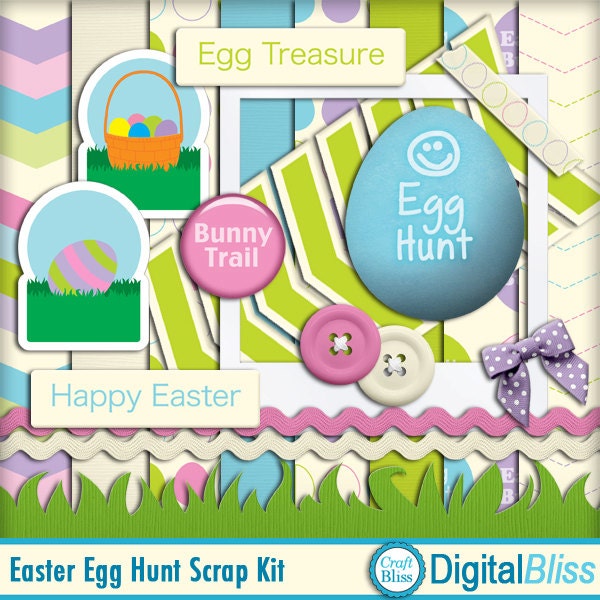Easter Digital Scrapbook Kit - Easter Egg Hunt Kit - INSTANT Download - Digital Papers Elements Easter Spring -Pink Blue Purple Green Il_570xn