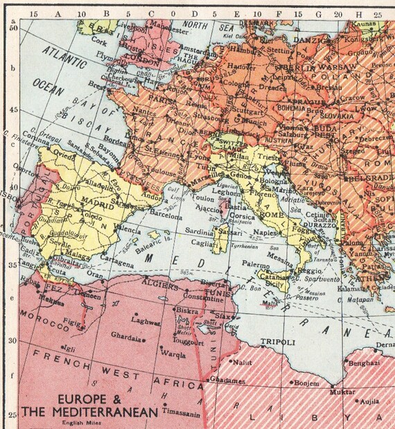 1944 antique map EUROPE Mediterranean map by theStoryOfVintage