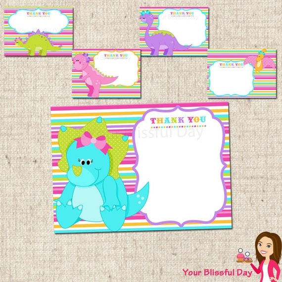 PRINTABLE Girl Dinosaur Party Thank You Cards Il_570xn