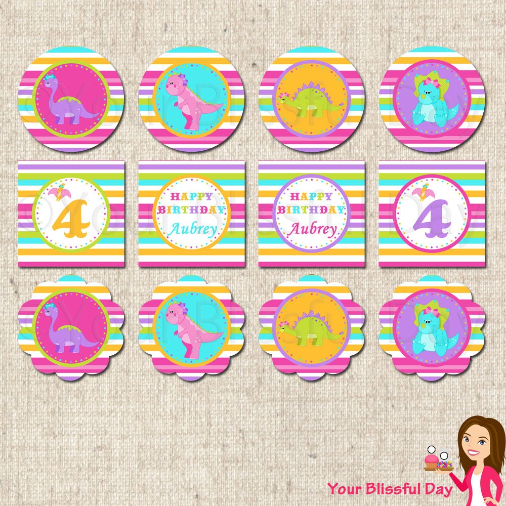 PRINTABLE Girl Dinosaur Party Circles (Personalized) Il_570xn