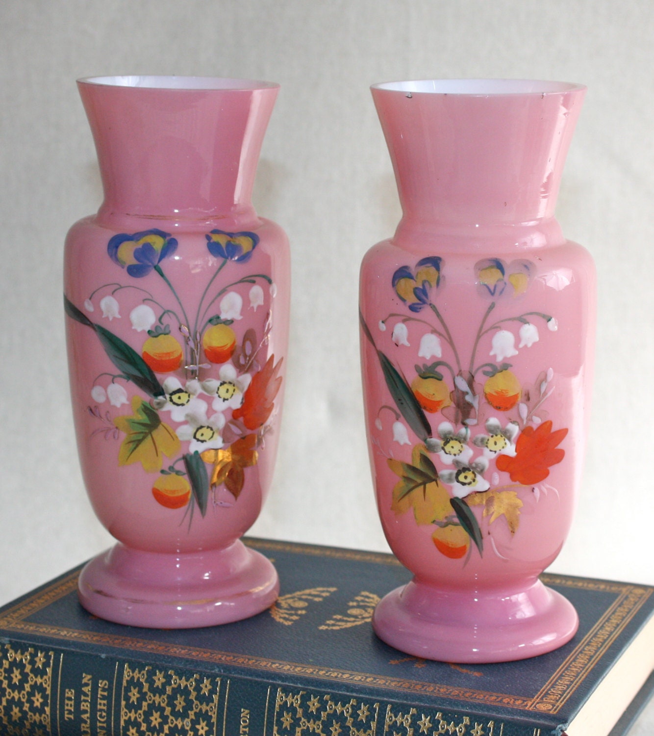 Pink Milk Glass Vases Hand Painted S/2 by PeriodElegance on Etsy