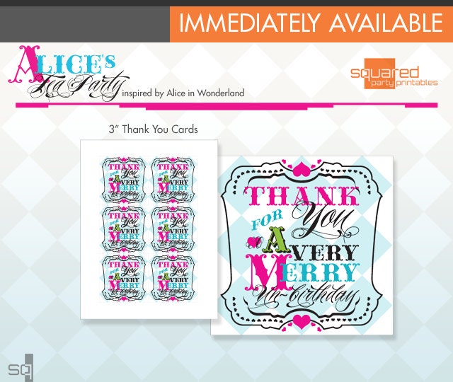 Alice in Wonderland Inspired Tea Party Printable 3" Square Thank You Tag / Note Cards - DIY Print - Alice's Tea Party - Instant Download Il_570xn