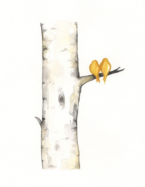 Yellow Birch Tree Love No. 3 / Love Birds / Romance / watercolor print / grey / black and white and yellow / Archival - kellybermudez