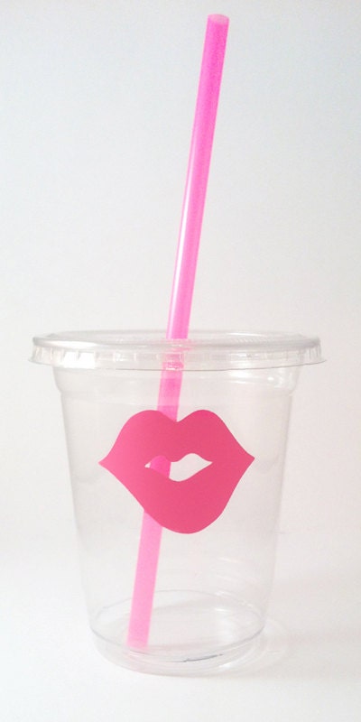24 Pink Kisses Disposable Party Cups, Lids & Plastic Straws - Pink Lips - Gender Reveal Party - Baby Shower - 12 oz or 16 oz Il_570xn