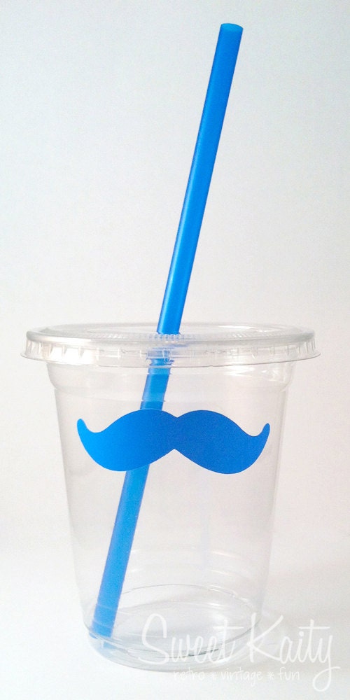 24 Blue Mustache Disposable Party Cups, Lids & Plastic Straws - Mustache Bash - Little Man Party - Gender Reveal Party - 12 oz or 16 oz Il_570xn