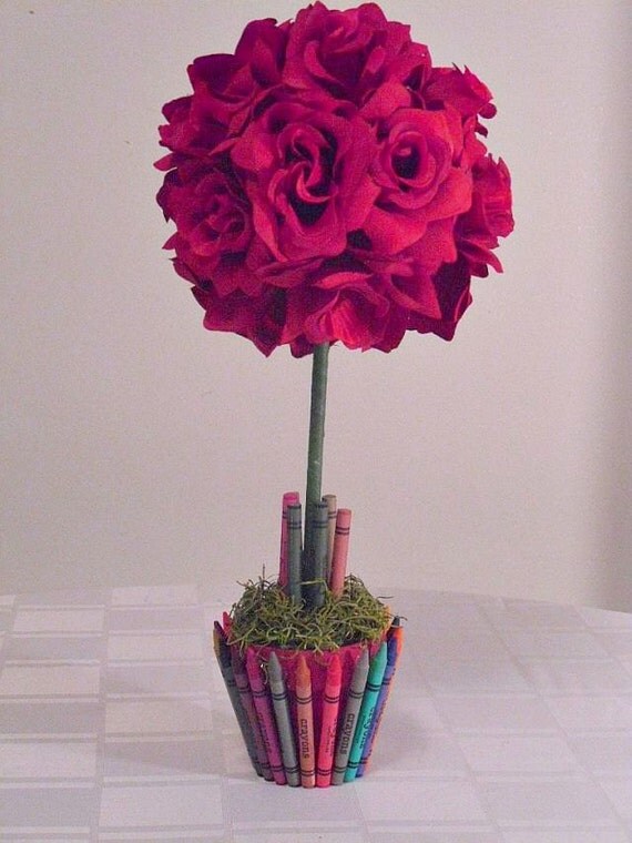 Red Roses Topiary Crayon Flower Pot by MajesticSilkFlowers on Etsy
