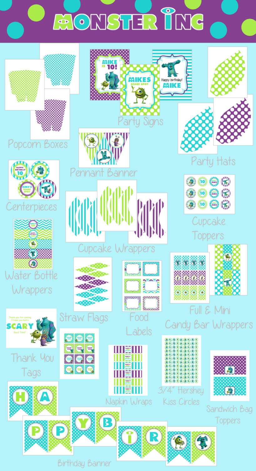Diy Monster Inc Inspired Kids Birthday Party Digtial PRINTABLE Party Package Il_570xn