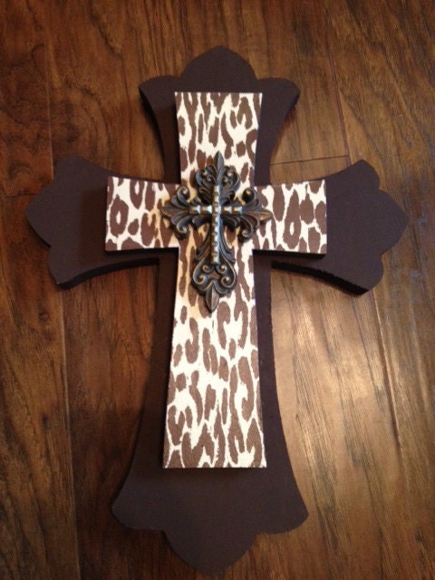 Brown, Cheetah print, and gold Wooden Wall Cross