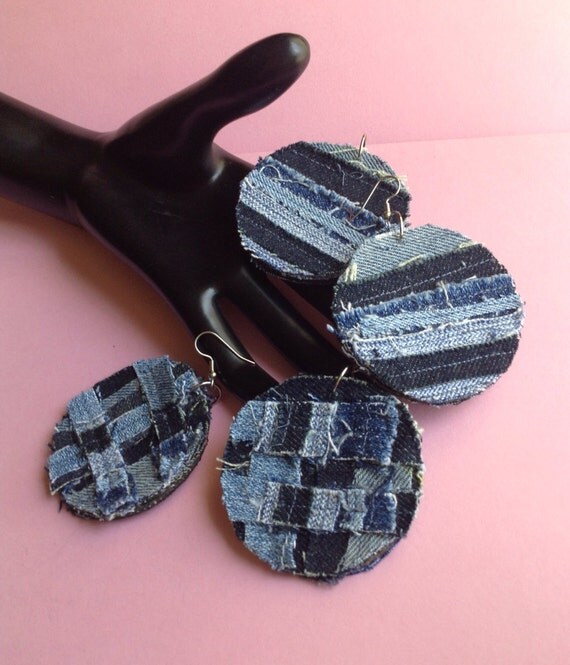 Denim Jean Fabric Earrings handmade by GirlyStuffByDeJaVu on Etsy