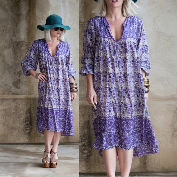 India cotton gauze sheer boho dress. Midi ethnic by PRISMVTG