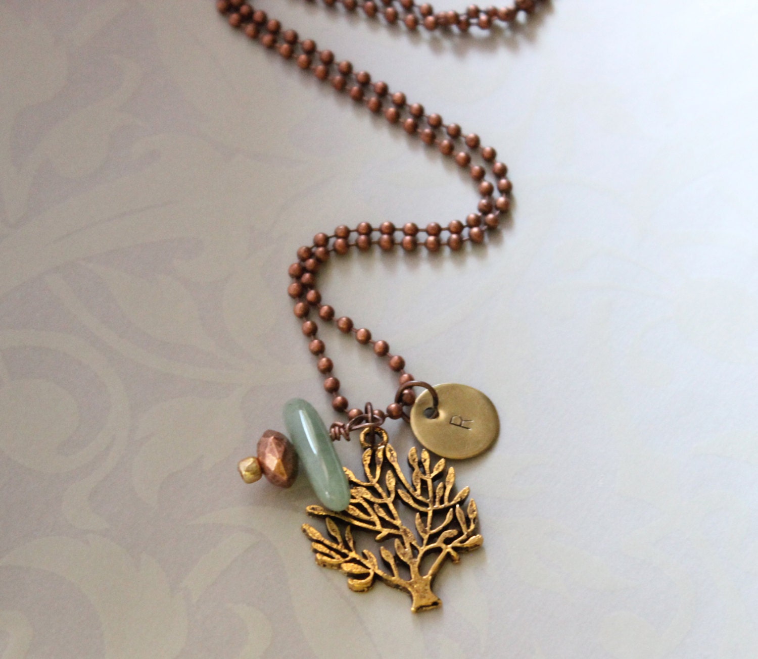 Lovely Tree Of Life With Aventurine Gem Stone In Antique Gold -Copper Tone -Personalize Initials Necklace - RTStyles