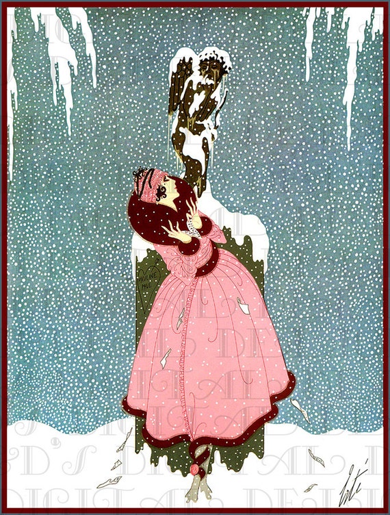 STUNNING Snow Scene. ERTE Art Deco Flapper. Fashion Book Plate. Vintage