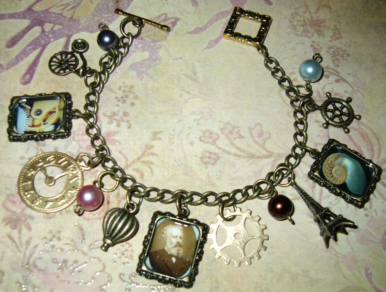 Steampunk Jules Verne Charm Bracelet, Altered Art, Vintage Style Charms, Cogs, Gears and Pearls- Handmade One of a Kind