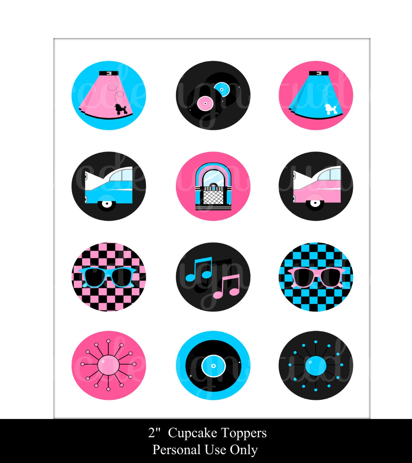 WINTER SALE - 2 Inch Round Circles - Retro Party - Printable 1950's Sock Hop Cupcake Toppers - Instant Download Il_570xn