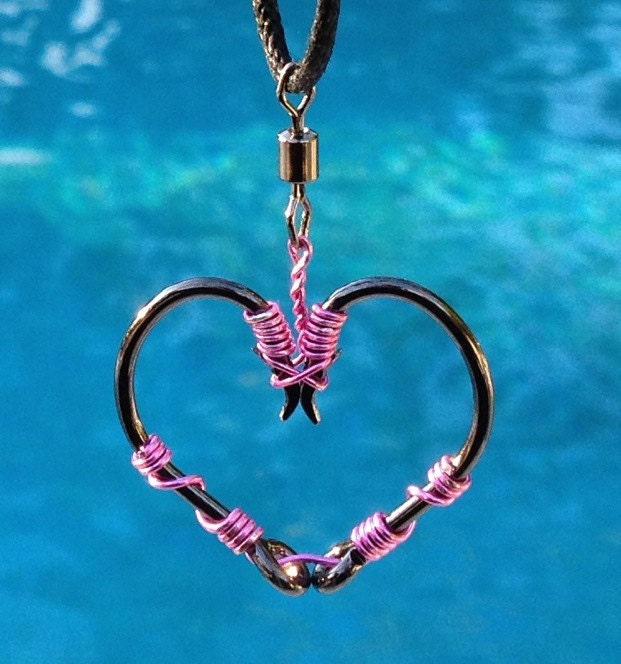 FISH HOOK HEART Necklace Pink on Black Hooks by HookedOnKeyWest