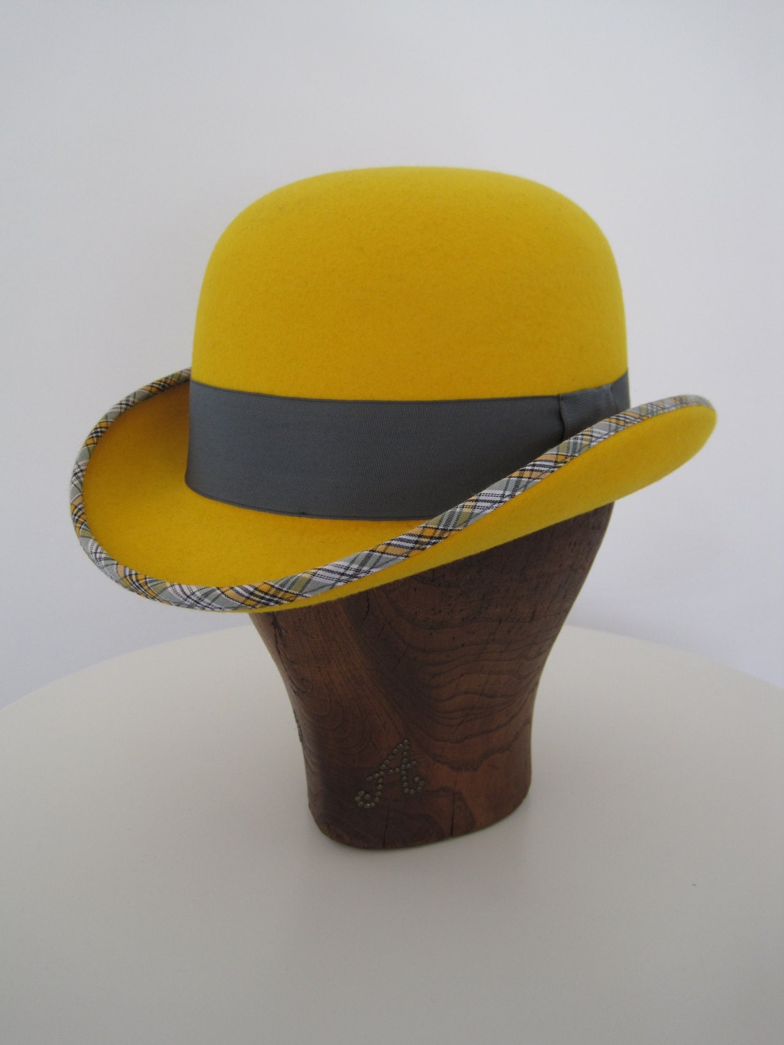 Bowler Hat Yellow with grey ribbon and check by DaquinoHats