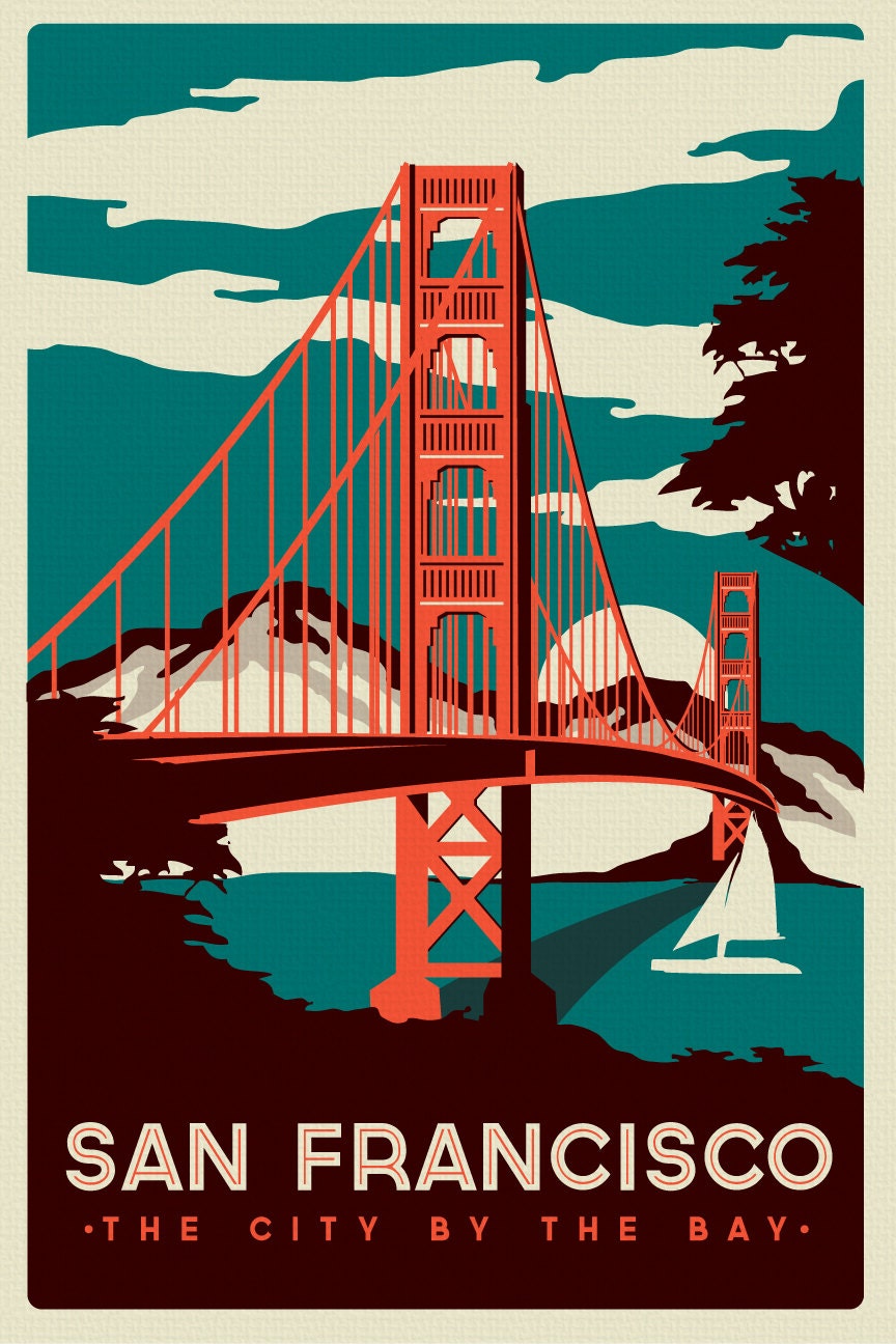 San Francisco Golden Gate Bridge Retro Vintage silk screen printed poster - Etsy