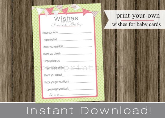 Baby Shower Wishes for Baby girl pink and green INSTANT DOWNLOAD diy digital printable file print your own Il_570xn