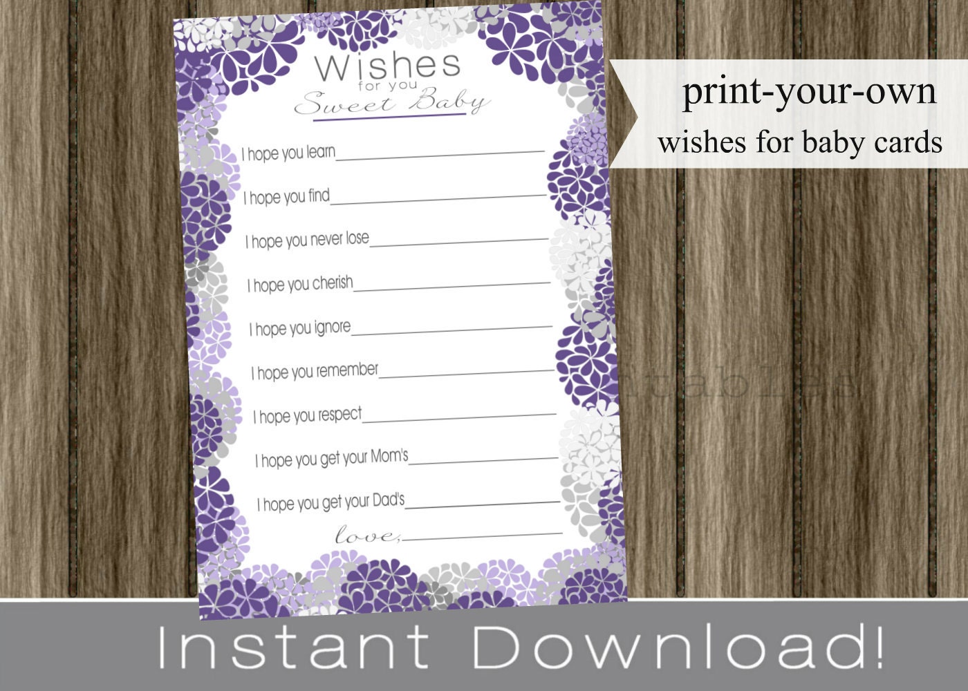 Baby Shower Well Wishes for Baby girl purple hydrangea flowers and gray INSTANT DOWNLOAD diy printable file print your own Il_570xn