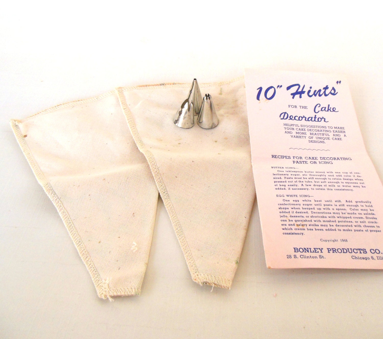 Cloth Cake Decorating Icing Bags  3 Metal Tips, Instructions - Bonley