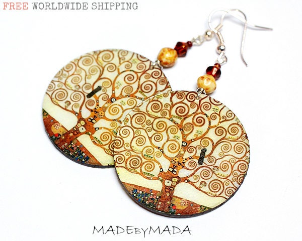 Klimt - Tree of life motif Earth tones decoupage jewelry Brown Ecru Beige, gift for her under 25 - MADEbyMADA