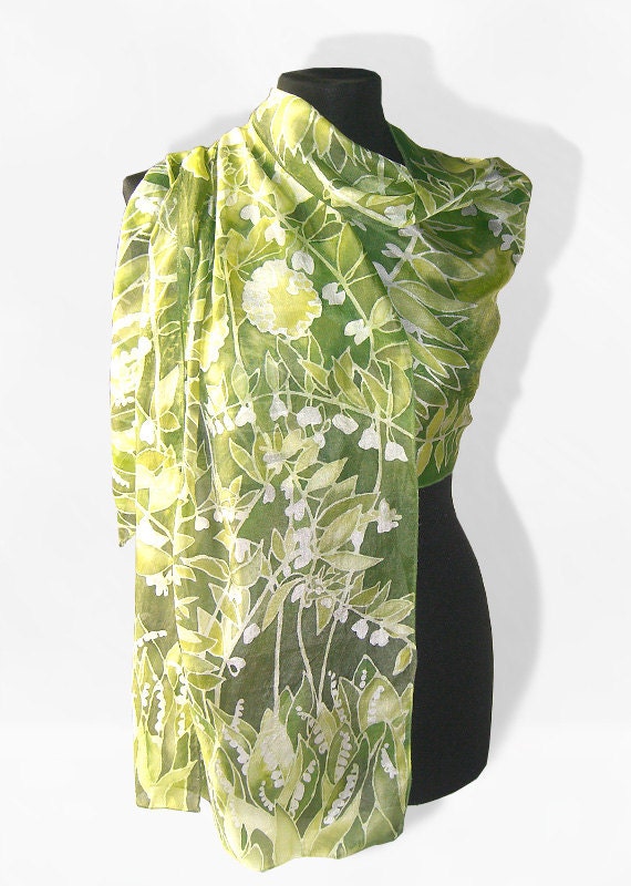 long silks scarves - lily of the valley - hand painted silk scarf - woman accessories scarves - flower scarf - white green scarf - MinkuLUL