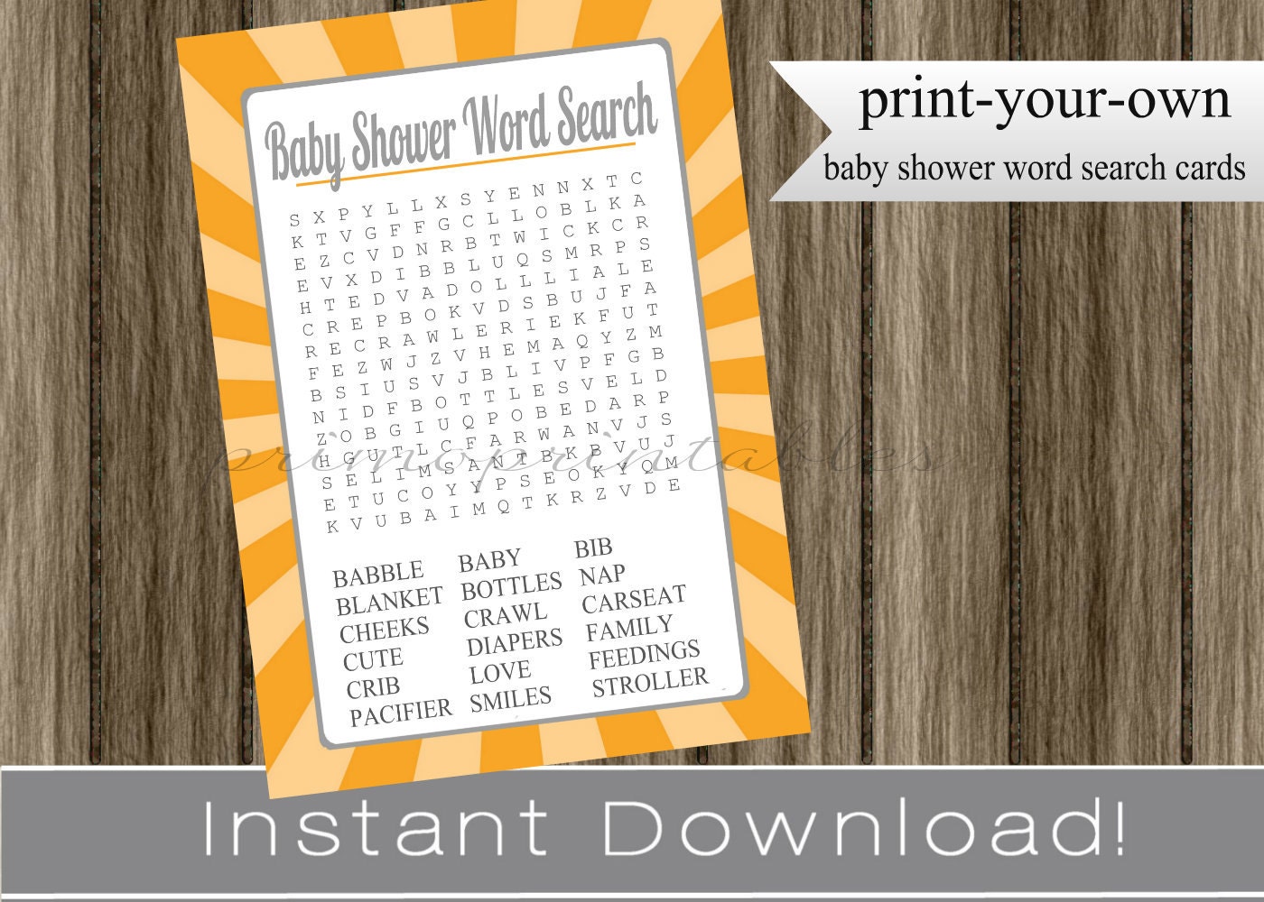 Baby Shower Word Search game cards orange INSTANT DOWNLOAD diy printable digital file print your own Il_570xn