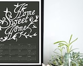 2013 Wall Calendar Poster, Home Sweet Home, in Charcoal Gray, Year At a Glance, Hand Lettering