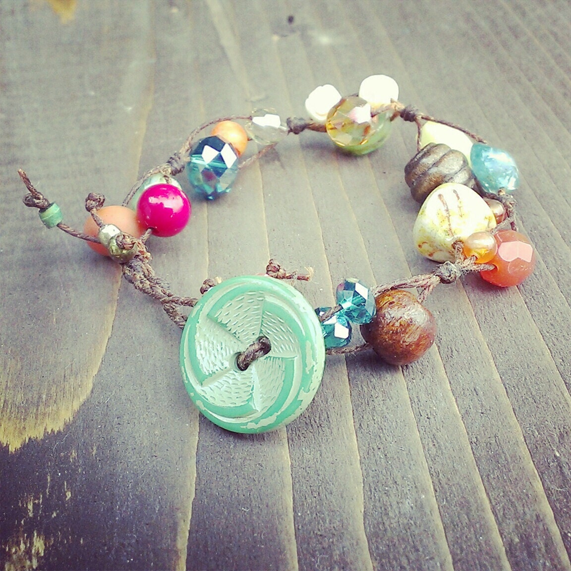bohemian linen collage bracelet vintage buttons and beads