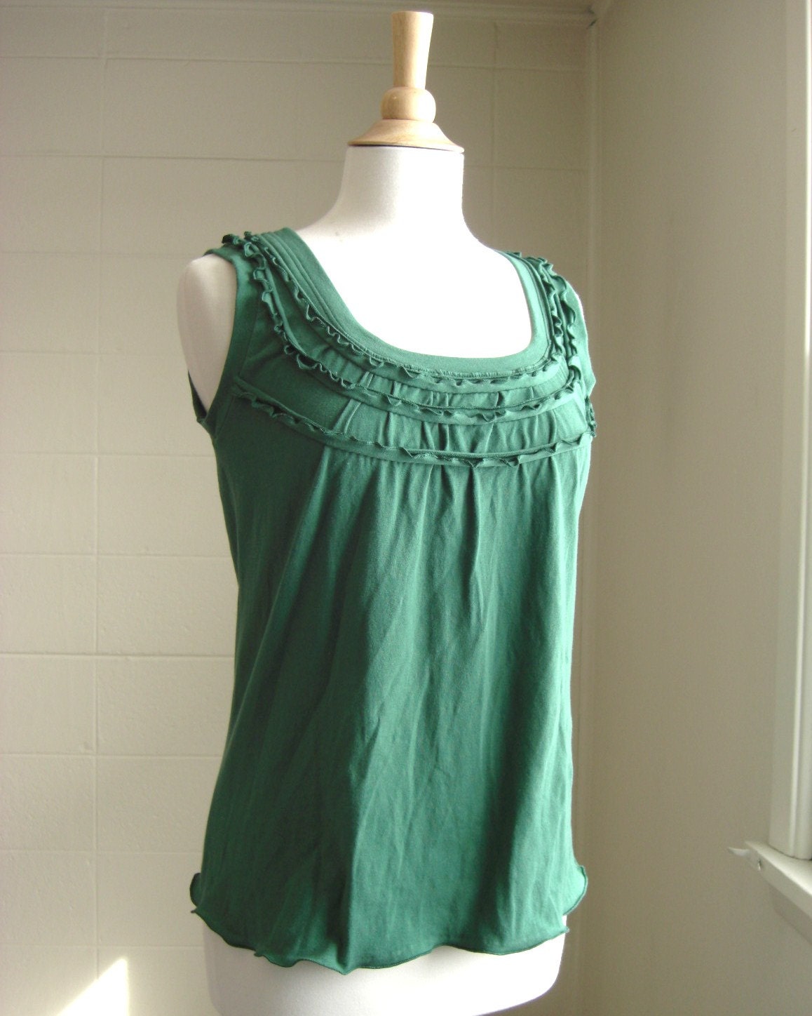 SALE - SMALL Emerald Green Womens Ruffle Tank Top - scoop neck loose fit