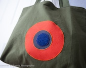 Sturdy Tote Bag, canvas cotton, Neutrals plus red and blue circles - Textile Fetish