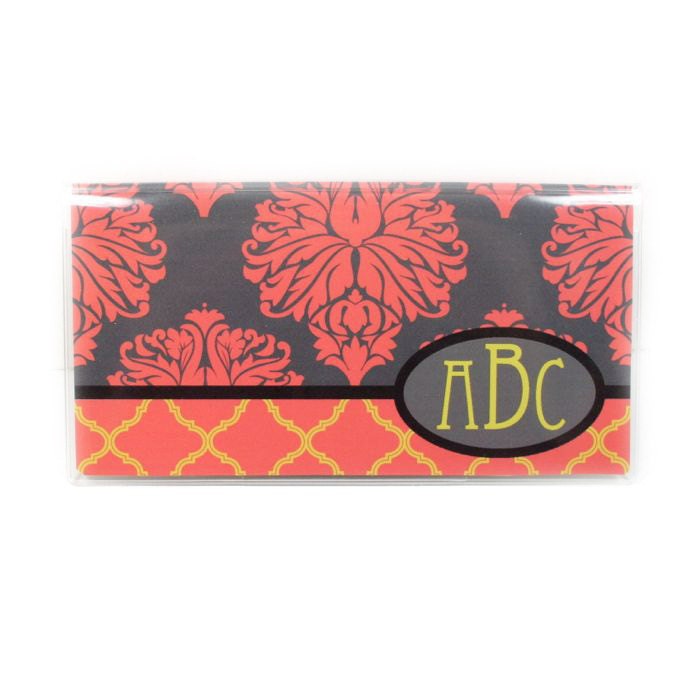 Personalized checkbook cover - Baroque Damask - elegant monogram check book holder - grey, coral, orange