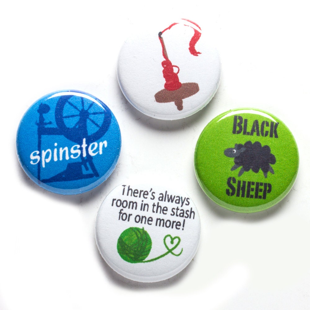 Spinner Theme Buttons, 1 inch pin back, Twist and Shout, Drop Spindle, Set of 4