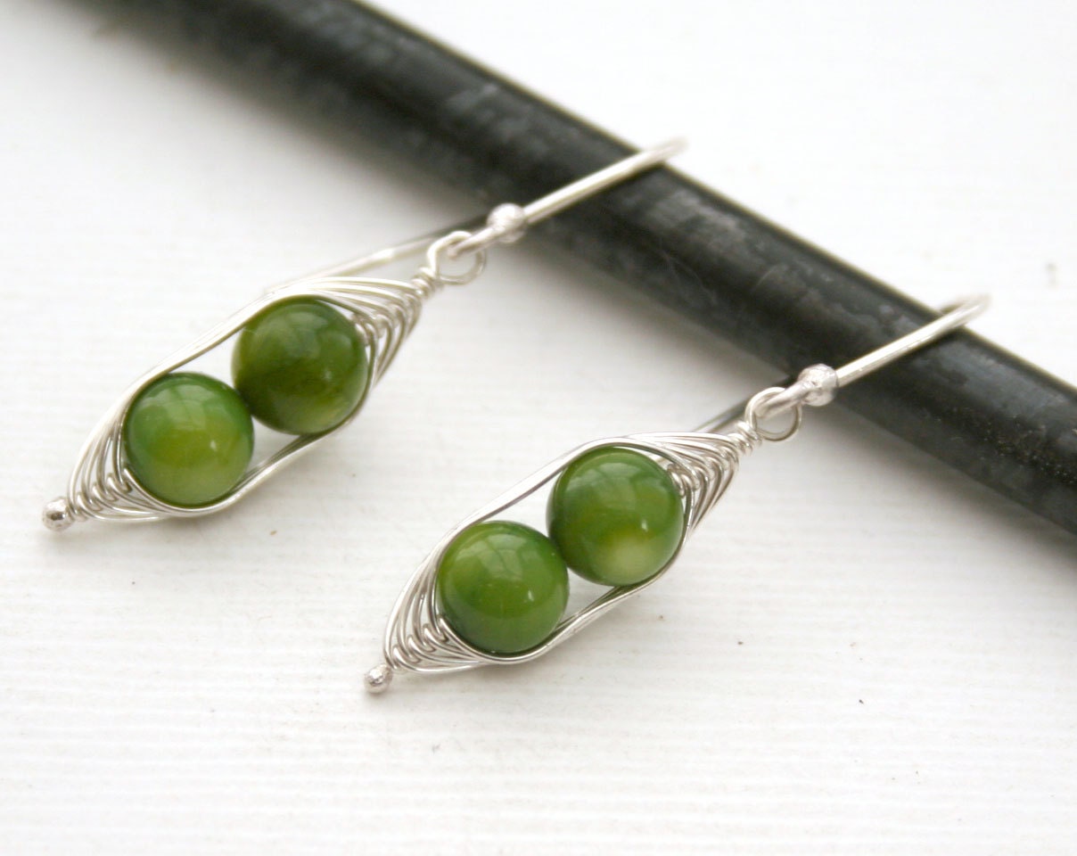 Peapod earrings. Two peas in a pod with green mother of pearl.