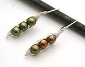 Peapod earrings. Three peas in a pod with metallic forest green fresh water pearls.