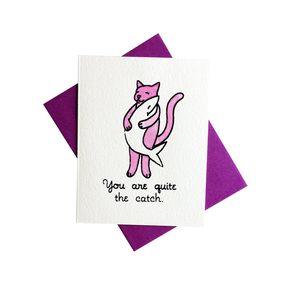 You are Quite the Catch - unique love - cat with fish valentine - purple