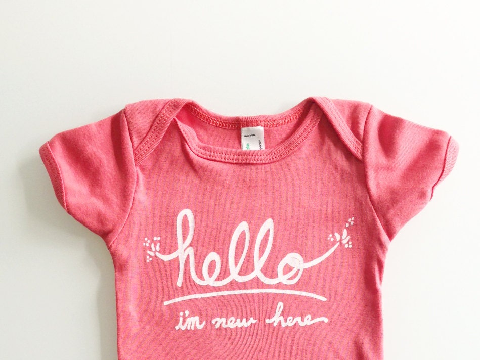 Hello I'm New Here - Funny text baby one piece (3-6 mo - coral)