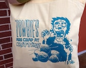 New Color Zombies are Crap at Knitting Cotton Tote bag Yellow with Teal Ink