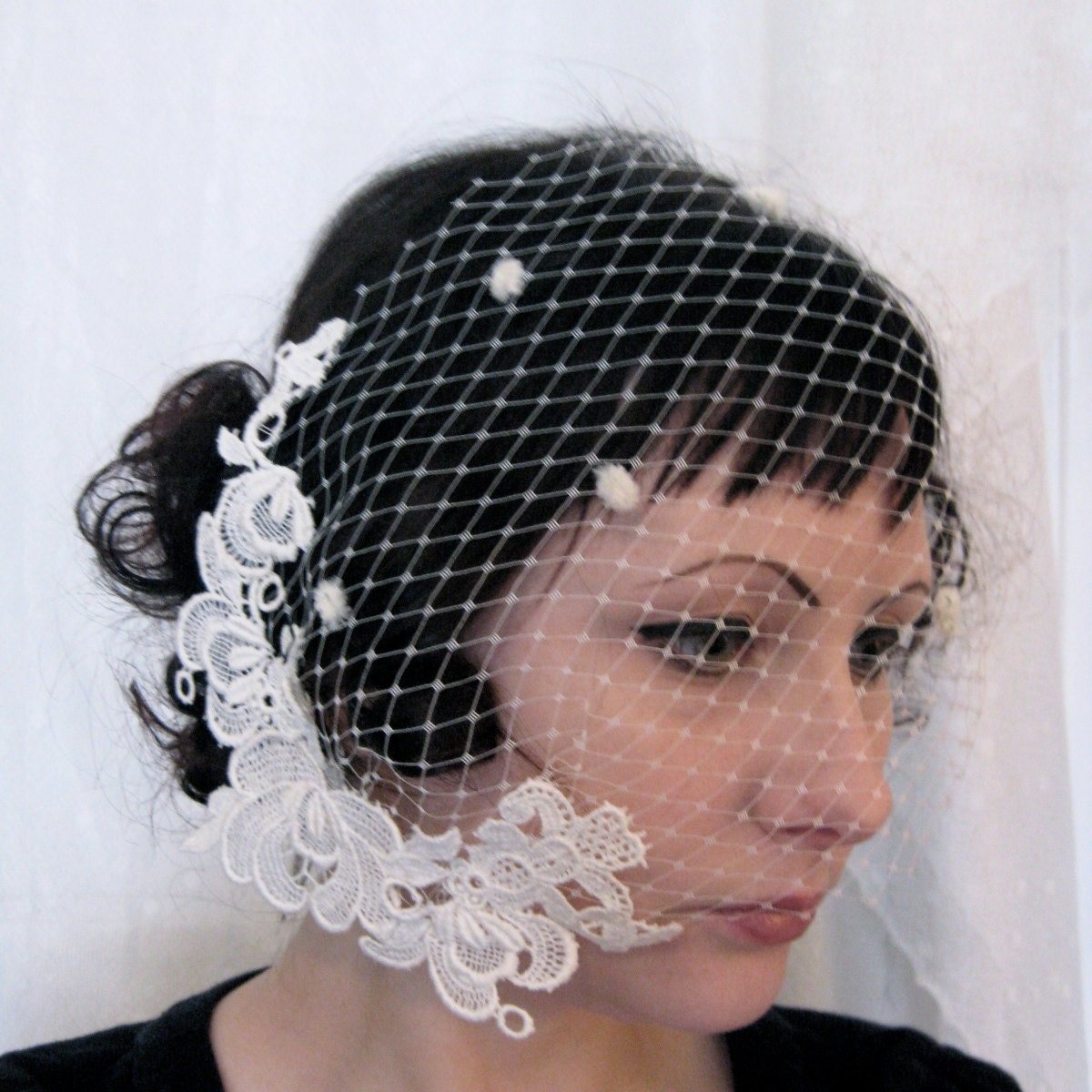 ready to ship lace cap veil -birdcage veil- dotted - bridal veil - off white - antique lace -  lace edged - lace veil -1950s