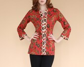 vintage 70s vibrant red cotton blouse / printed plant flower bell sleeve shirt
