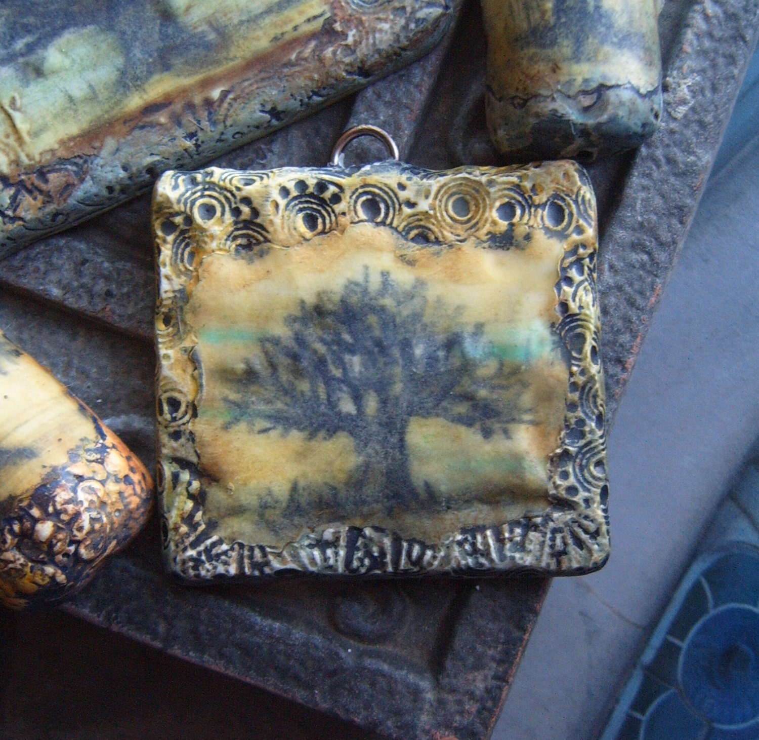 Tree Pendant Art Pendant with Tree Silhouette Texture Golden Yellow Teal  Grey
