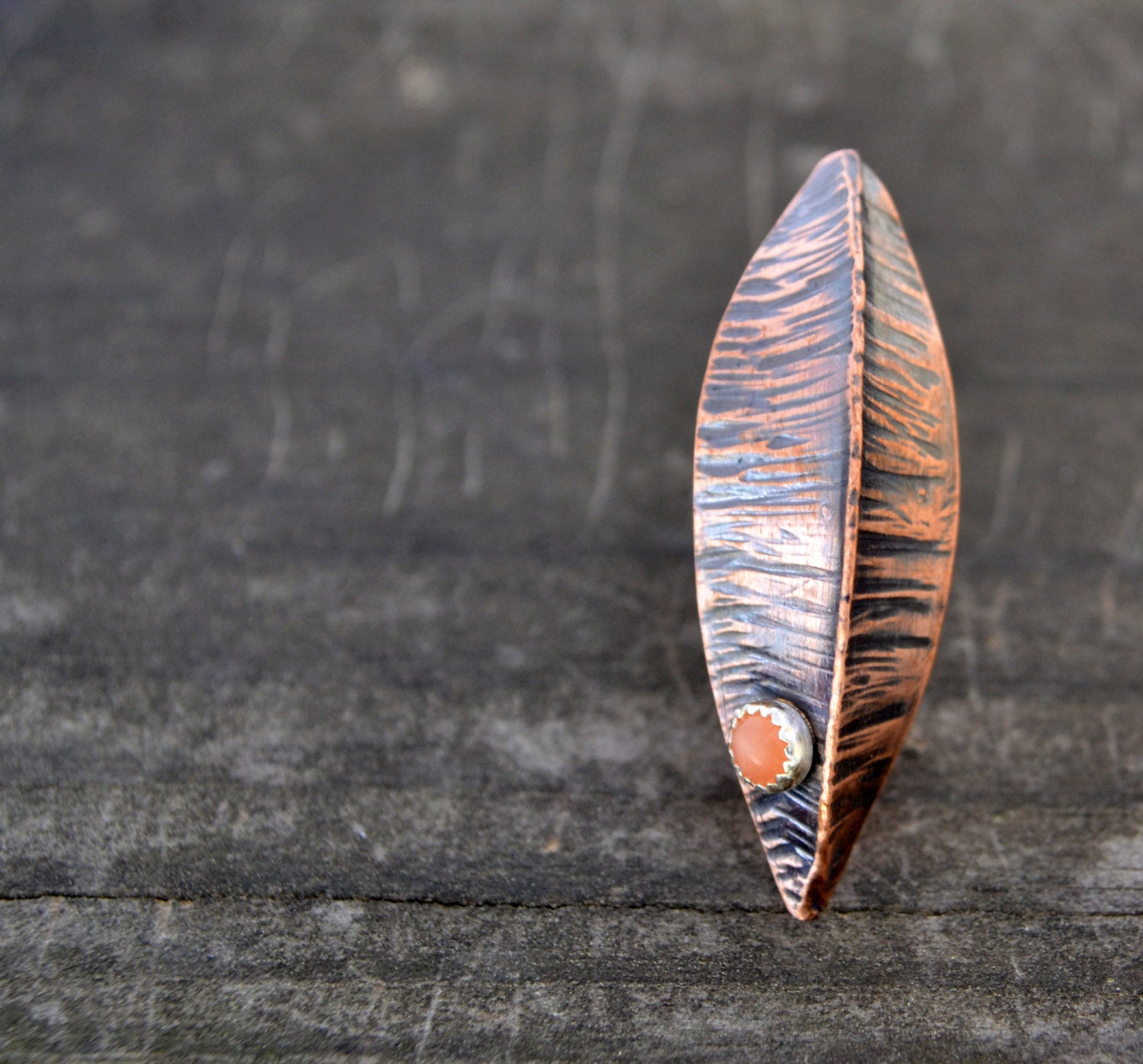 fall leaf brooch - fold formed copper and peach moonstone