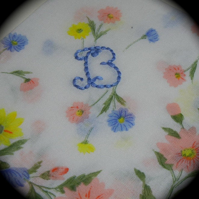 Hand Embroidered Initial Handkerchief - Ladies Letter B - Pink Blue and Yellow - Vintage Style Embroidery