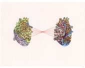 CUSTOM Embroidered Print 'Two Hearts' / map collage anatomy love union colorful red thread