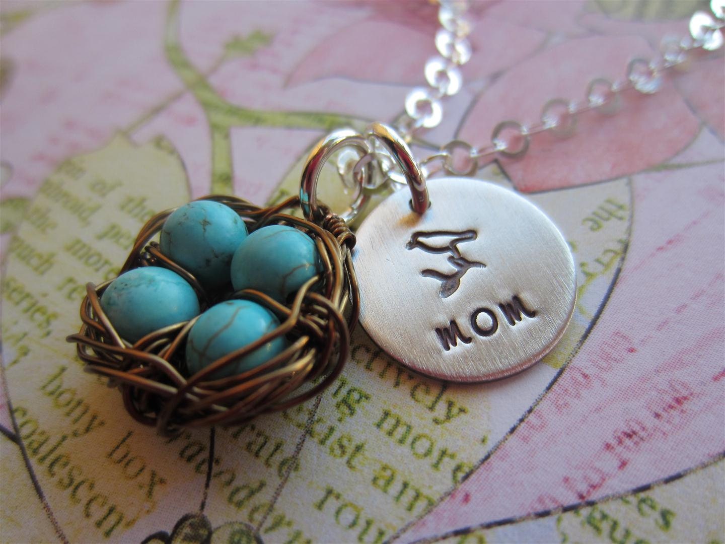 4 Eggs Birds Nest Mothers Necklace With Hand Stamped MOM Charm
