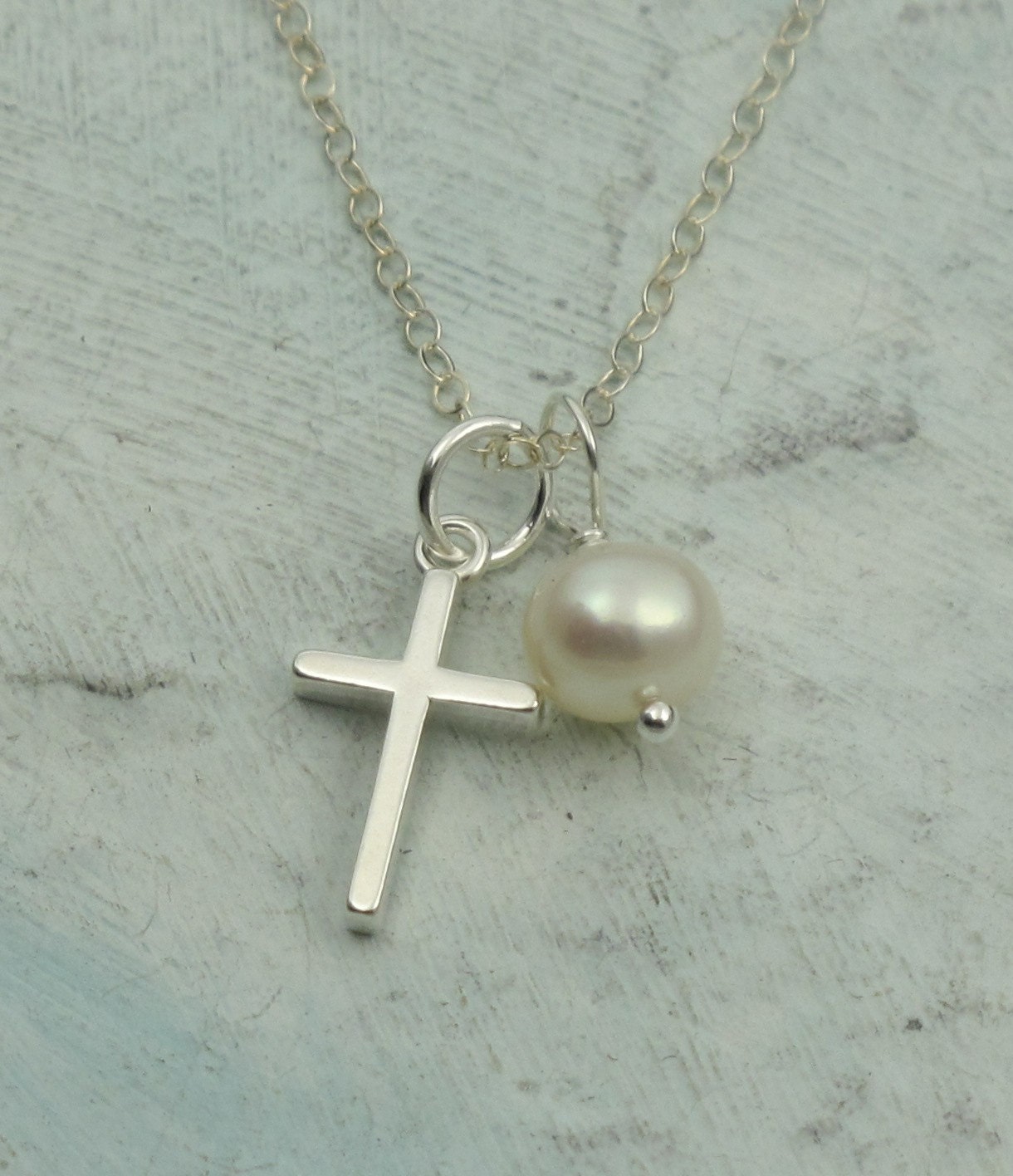 Small Cross Necklace with white pearl - sterling silver by Kathryn Riechert