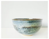 Art pottery carved bowl rustic blue handmade ceramic dish