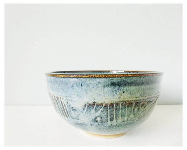 Art pottery carved bowl rustic blue handmade ceramic dish